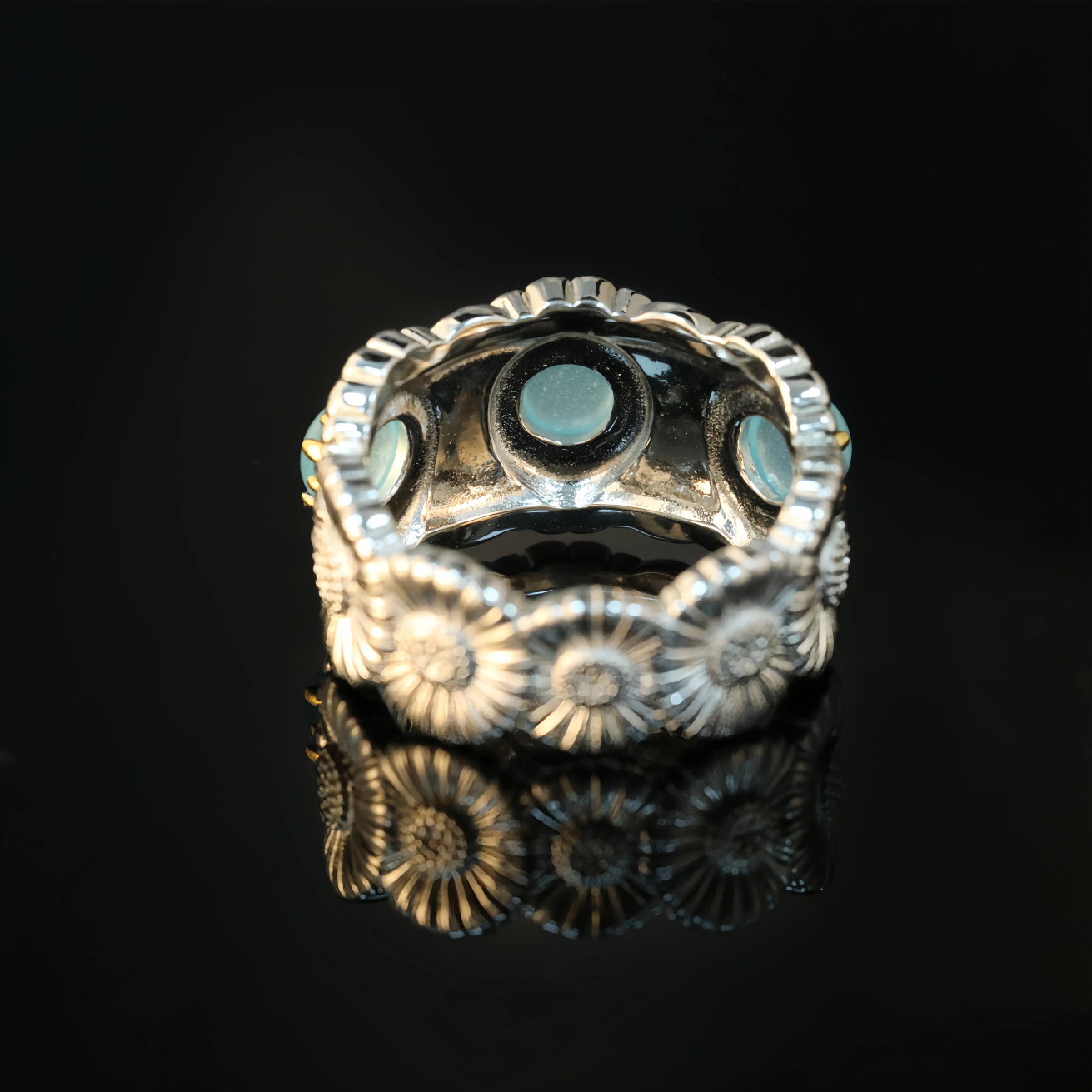 MUSHAN Jewelery Factory Women 925 Sterling Silver Daisy Ring with Blue Agate Opal Fine Jewelery Flower Rings for Anniversaries