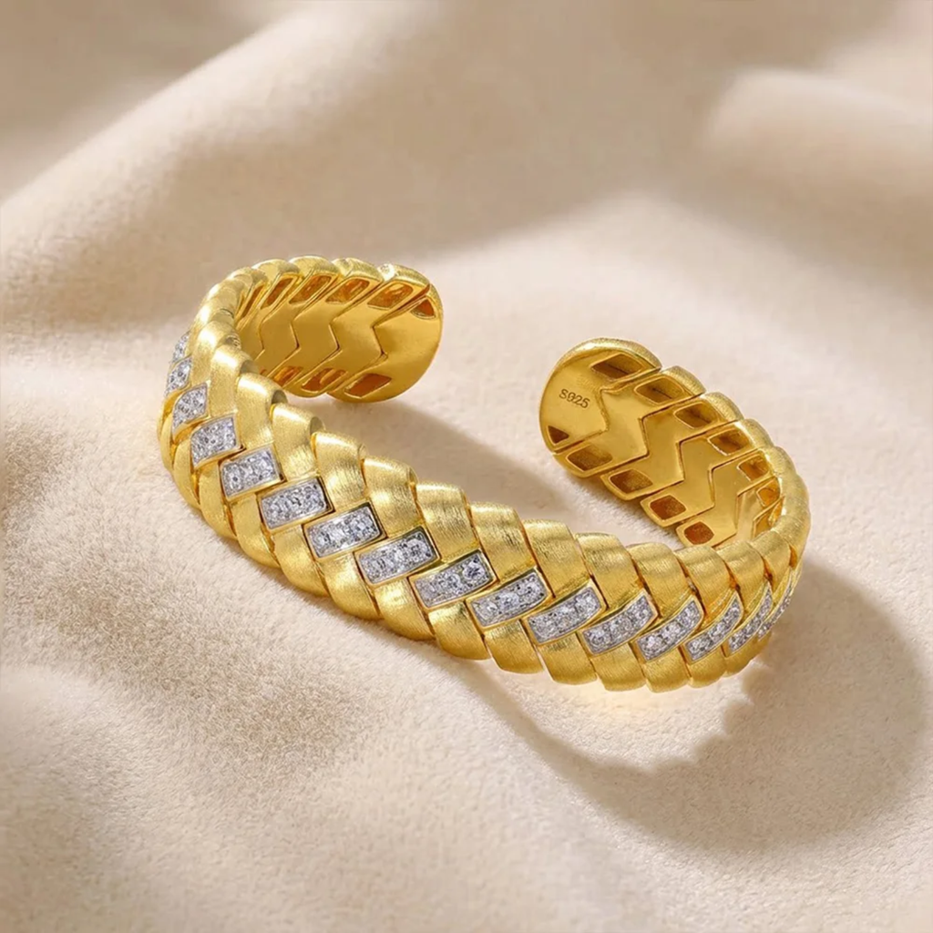 Wholesale S925 Silver Gold Plated Vintage Open Cuff Bracelet Italian Brushed Craft Zircon Inlaid Textured Heavy Duty Luxury