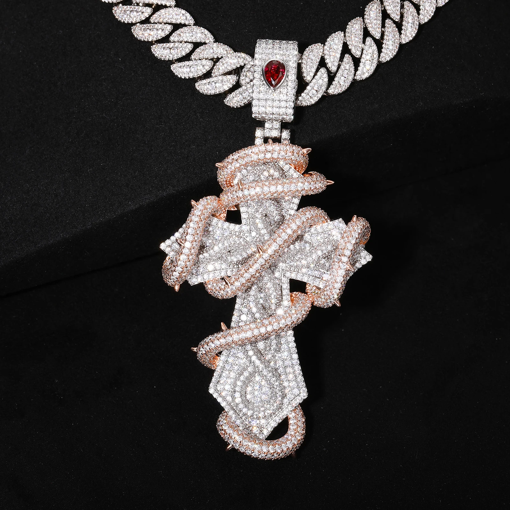 Exclusive Manufacturer's Hip-hop Fashion Double-color Full-diamond Snake-shaped Cross Pendant Men Large Size Brass Necklace