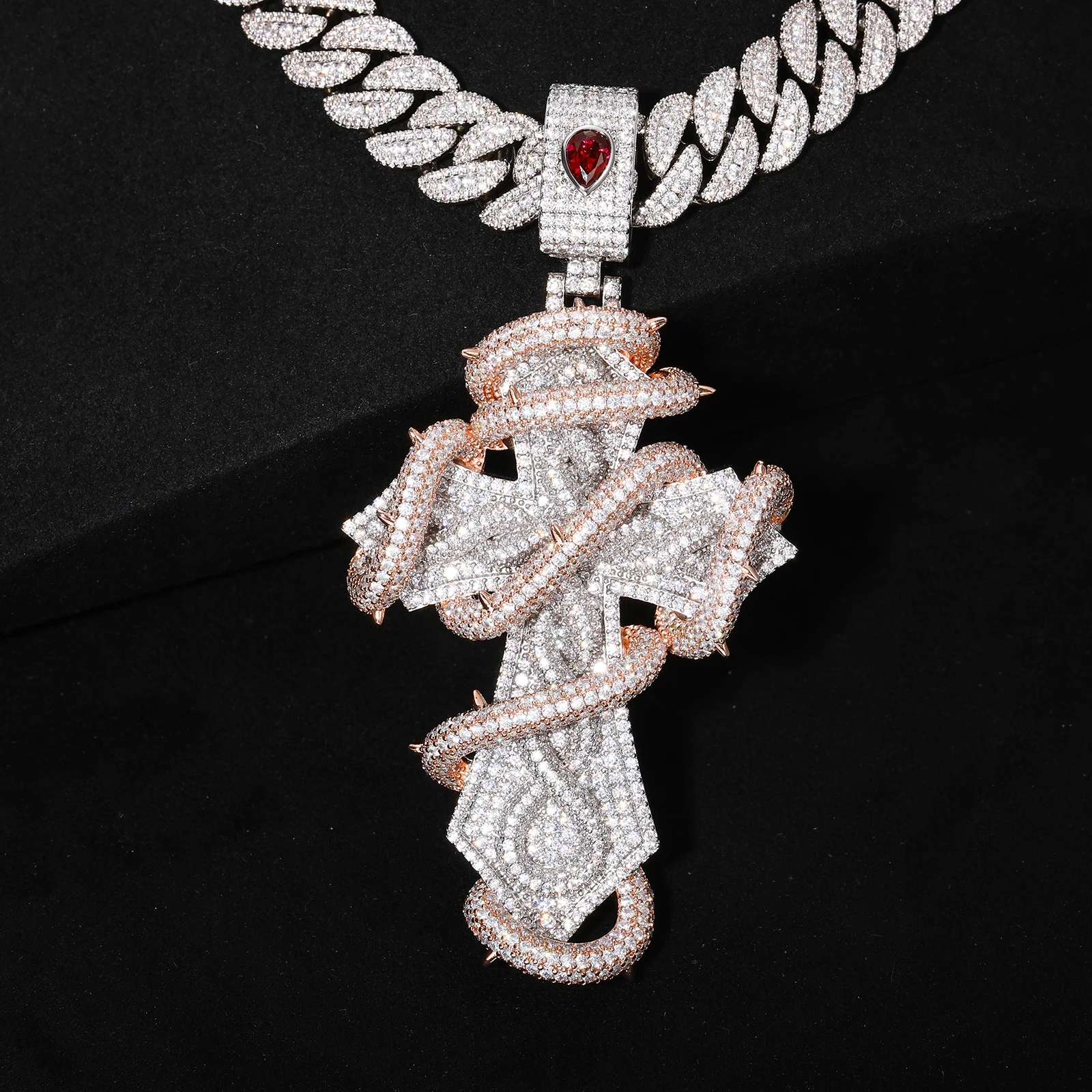 Exclusive Manufacturer's Hip-hop Fashion Double-color Full-diamond Snake-shaped Cross Pendant Men Large Size Brass Necklace