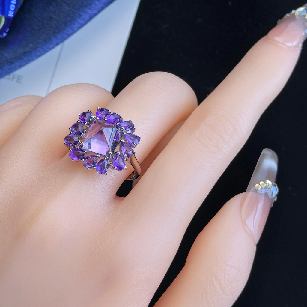 Factory Wholesale Rhodium Plated 925 Sterling Silver Natural Amethyst Ring for Women Gift Party Wear