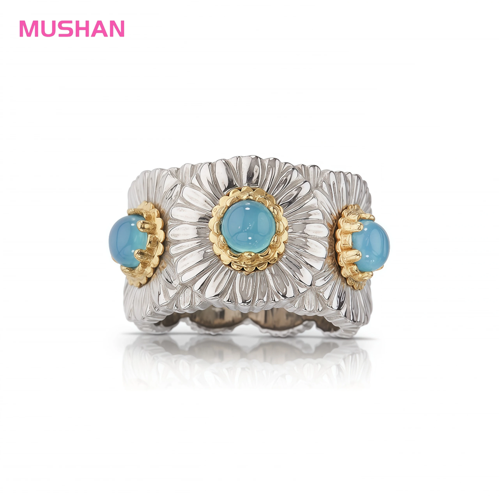 MUSHAN Jewelery Factory Women 925 Sterling Silver Daisy Ring with Blue Agate Opal Fine Jewelery Flower Rings for Anniversaries