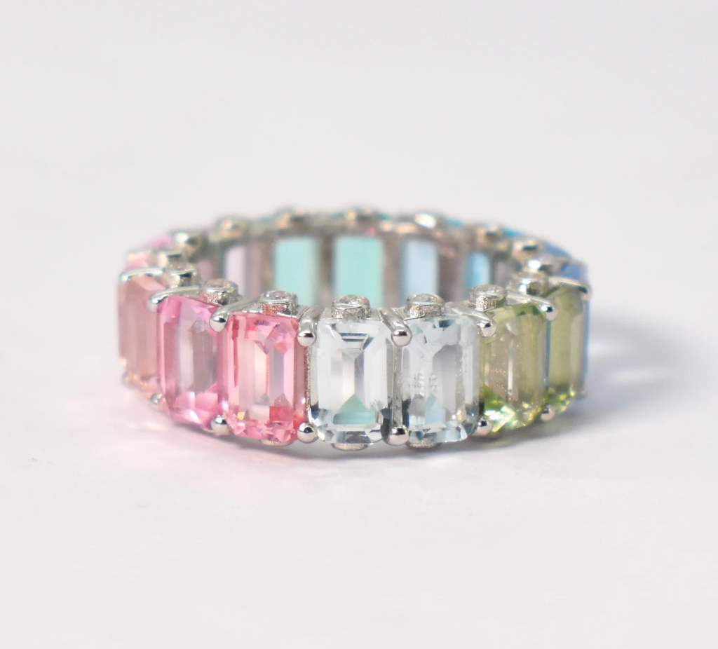 Rainbow Safir Band Emeralds Cut lab multi sapphire eternity band 92.5