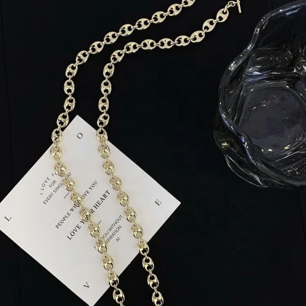 RUYI 14K Solid Gold Hip Pop Vintage Jewelery Coffee Bean Pig Nose Mariner Link Chain Necklace for Women Men Hot Seling