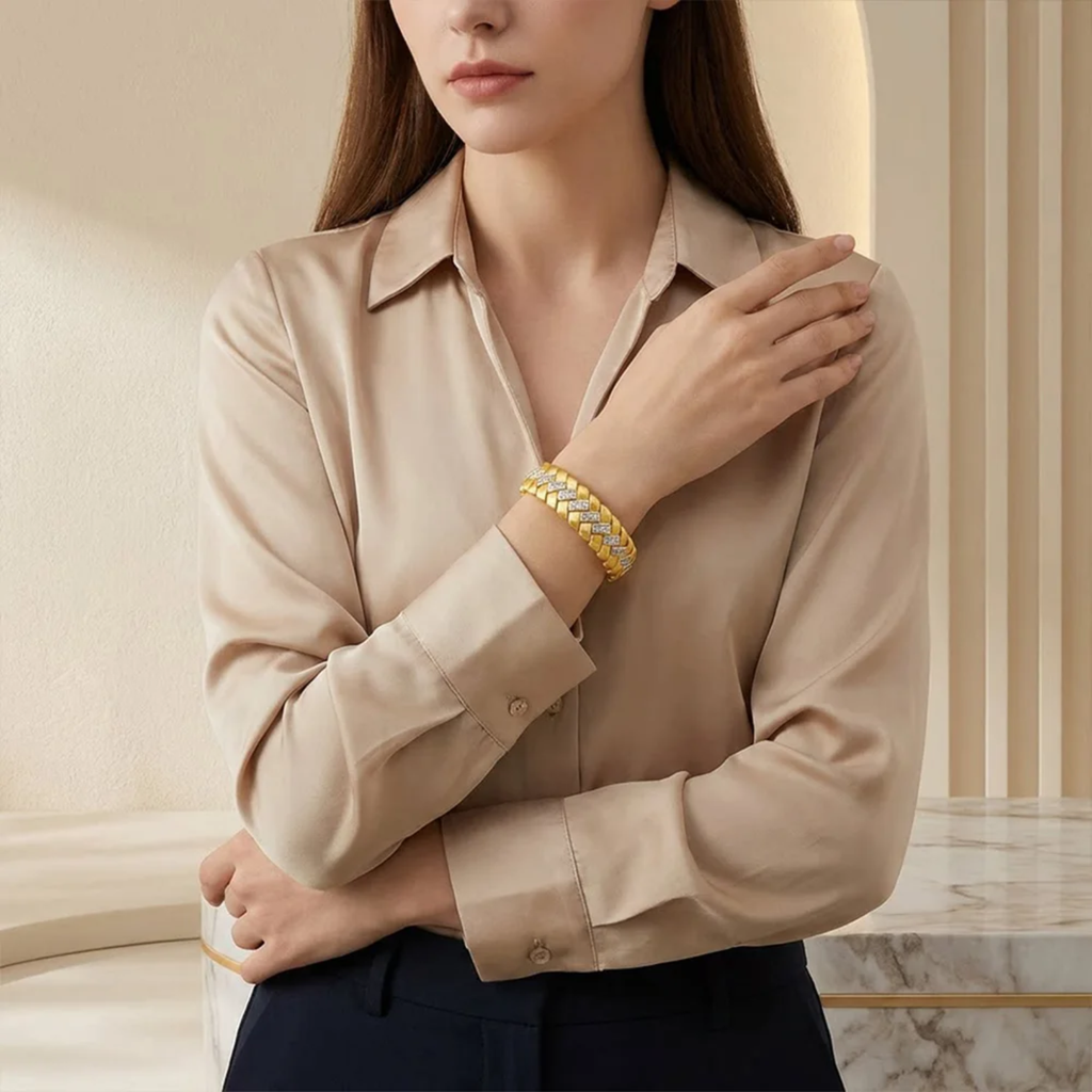 Wholesale S925 Silver Gold Plated Vintage Open Cuff Bracelet Italian Brushed Craft Zircon Inlaid Textured Heavy Duty Luxury