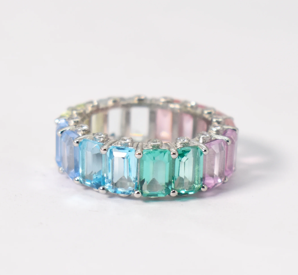 Rainbow Safir Band Emeralds Cut lab multi sapphire eternity band 92.5