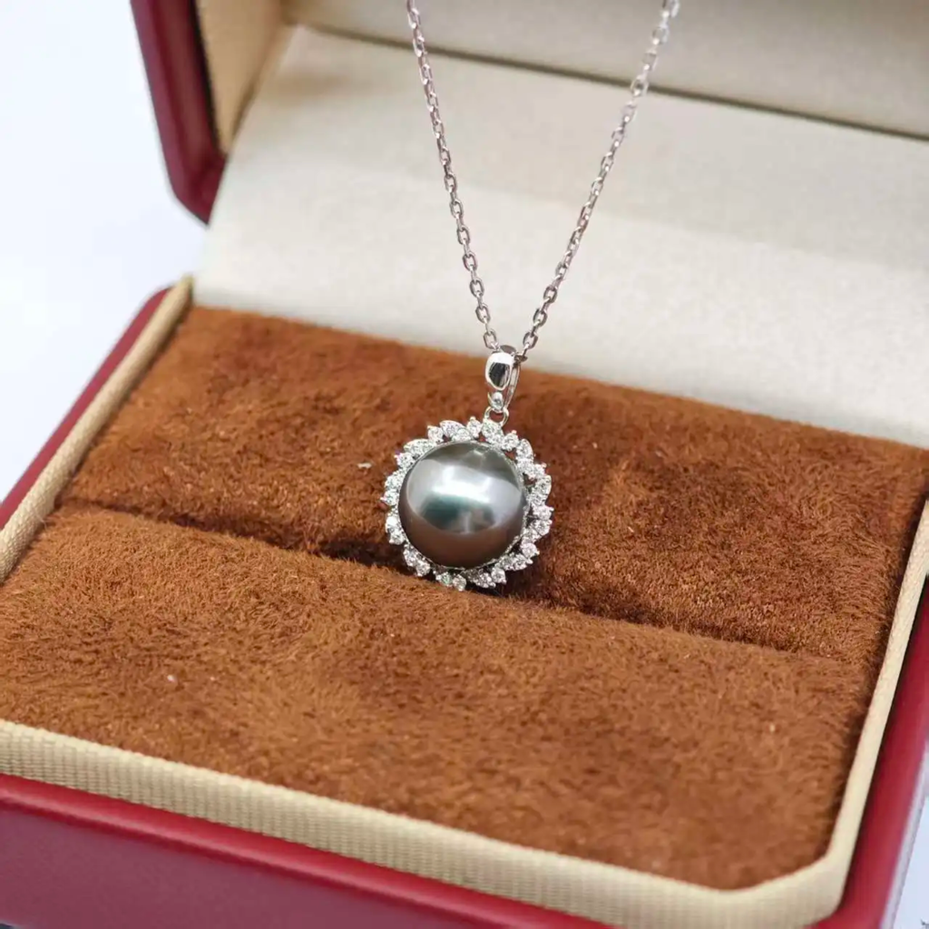 UM Jewelery 18K Solid Gold Necklace Natural Tahitian Black Pearl Diamond Engagement Wedding Unisex/Men/Women Anniversary Daily
