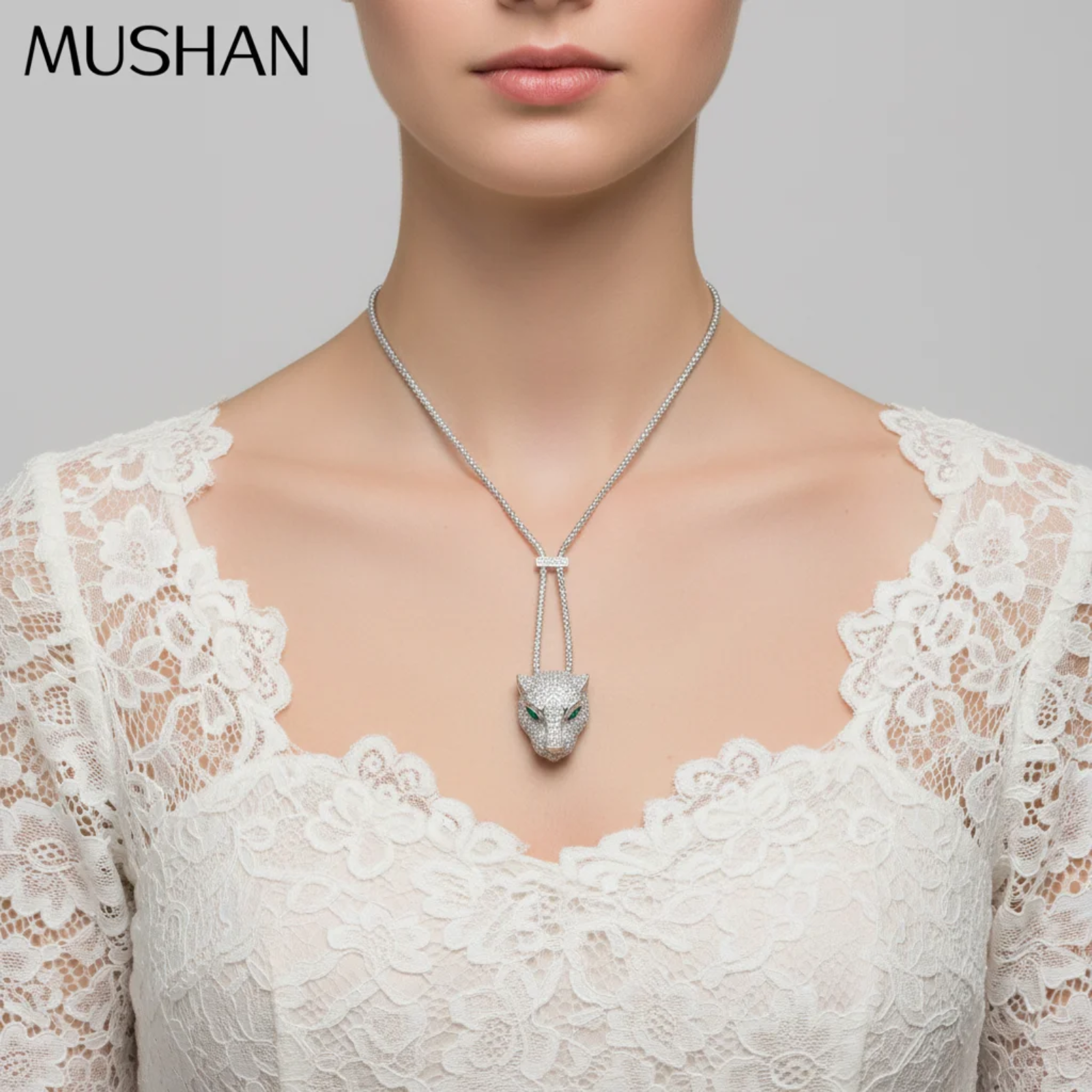 MUSHAN Jewelry Factory 925 Sterling Silver Pendant Necklaces HCD Synthetic Emerald Stones Leopard  Head Necklace Pendants Jewelery