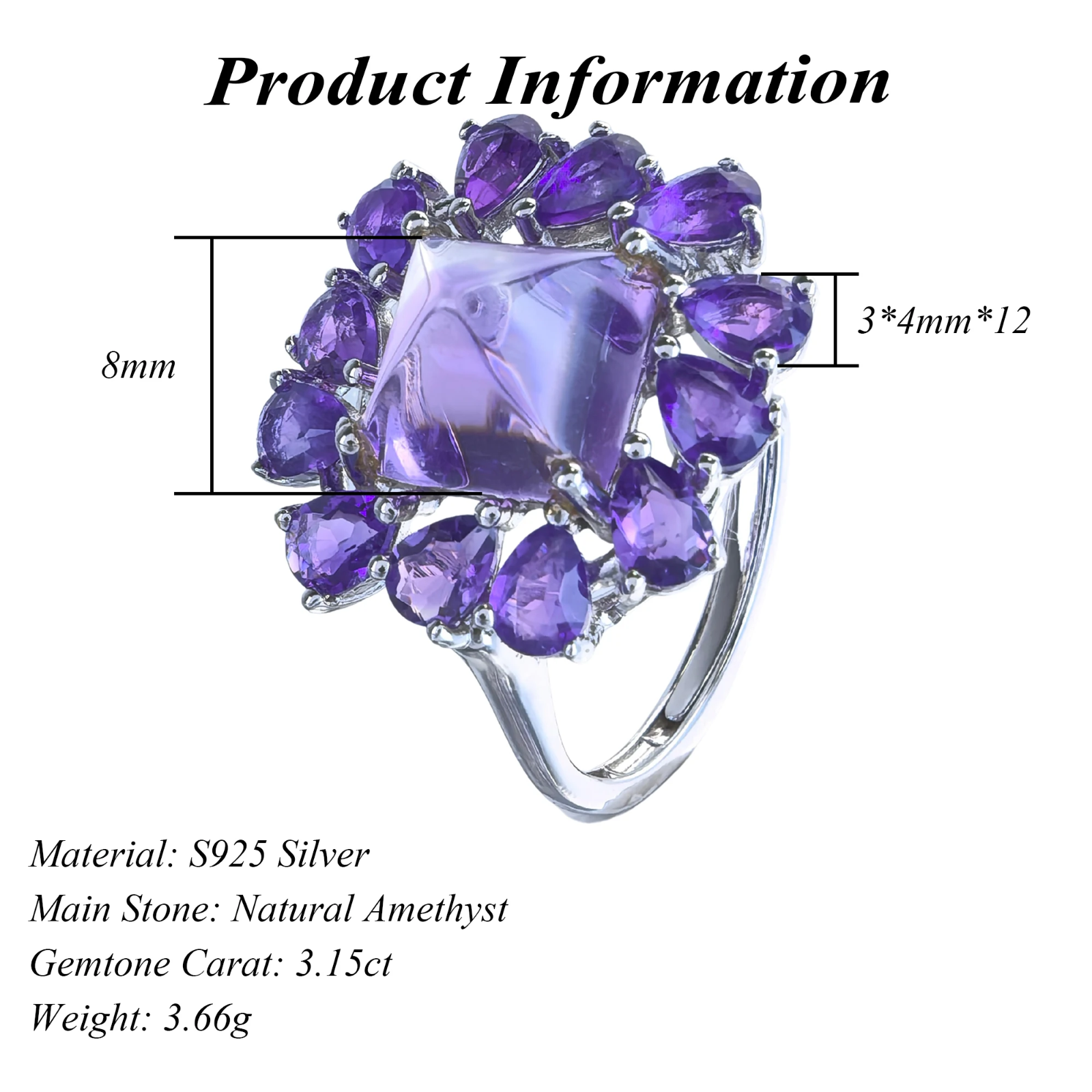 Factory Wholesale Rhodium Plated 925 Sterling Silver Natural Amethyst Ring for Women Gift Party Wear