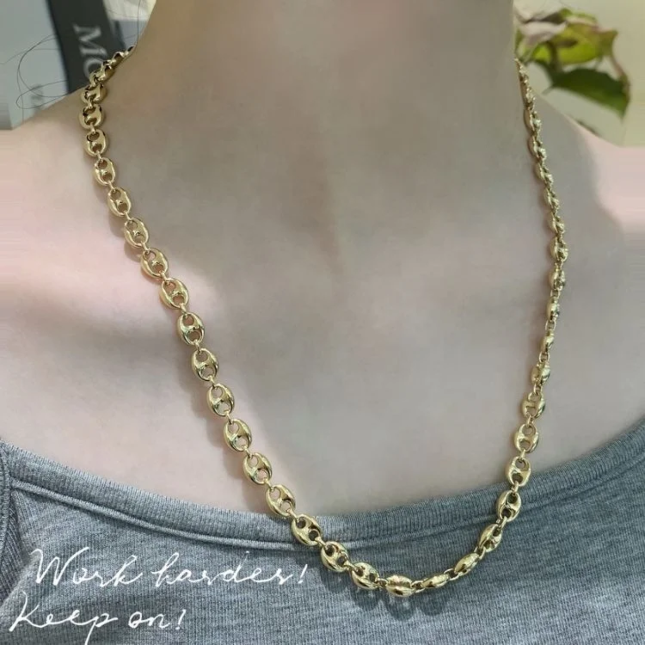 RUYI 14K Solid Gold Hip Pop Vintage Jewelery Coffee Bean Pig Nose Mariner Link Chain Necklace for Women Men Hot Seling