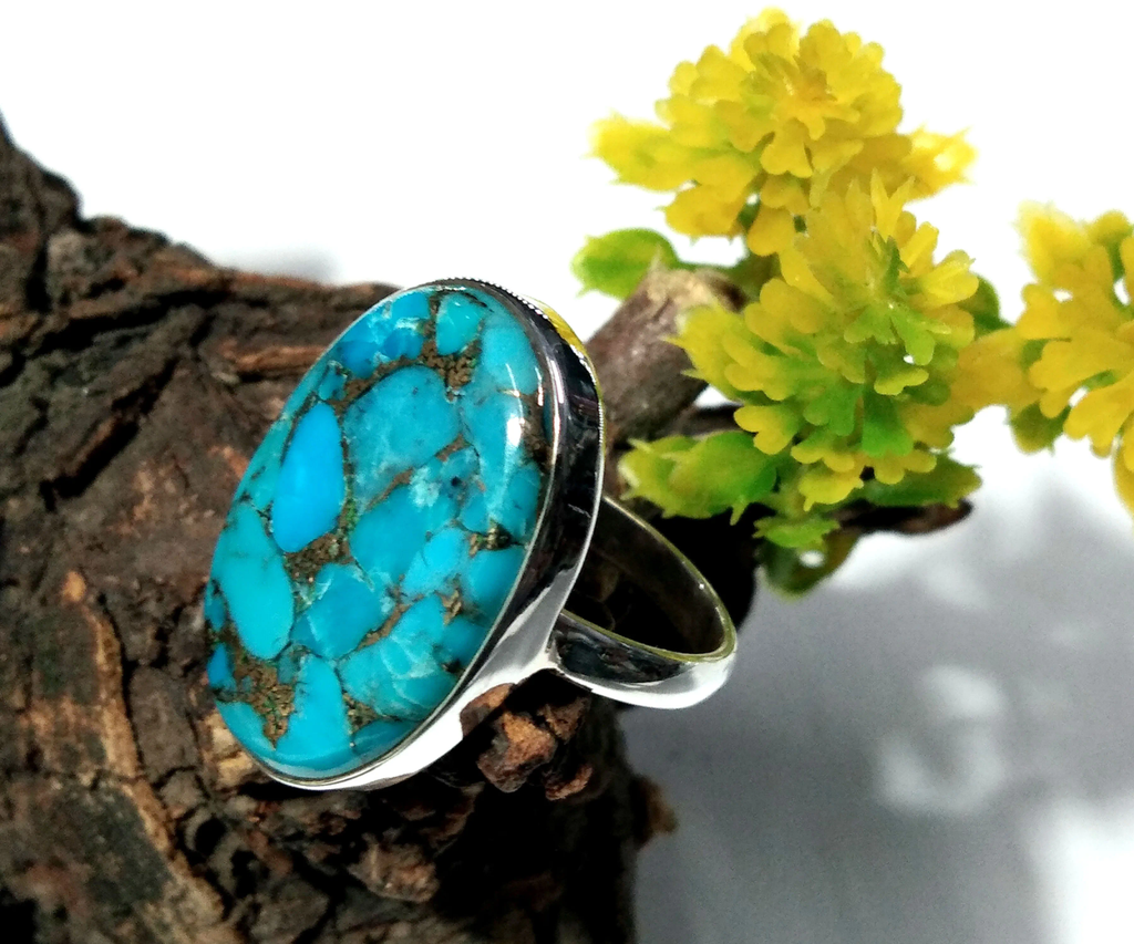 Natural Blue Copper Turquoise Ring Handmade 925 Sterling Silver Luxury Jewelery