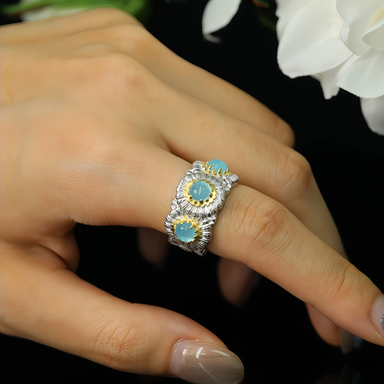 MUSHAN Jewelery Factory Women 925 Sterling Silver Daisy Ring with Blue Agate Opal Fine Jewelery Flower Rings for Anniversaries