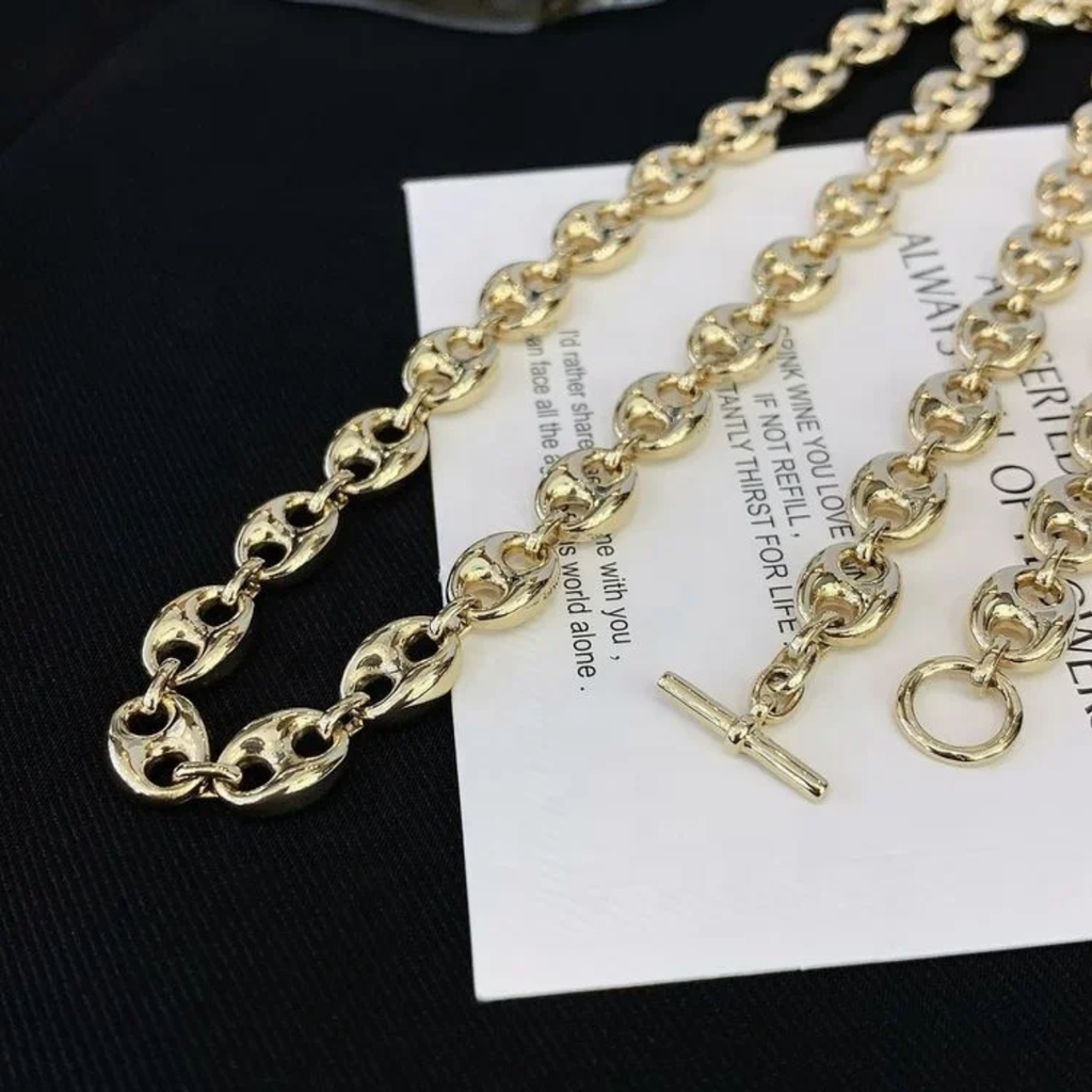 RUYI 14K Solid Gold Hip Pop Vintage Jewelery Coffee Bean Pig Nose Mariner Link Chain Necklace for Women Men Hot Seling
