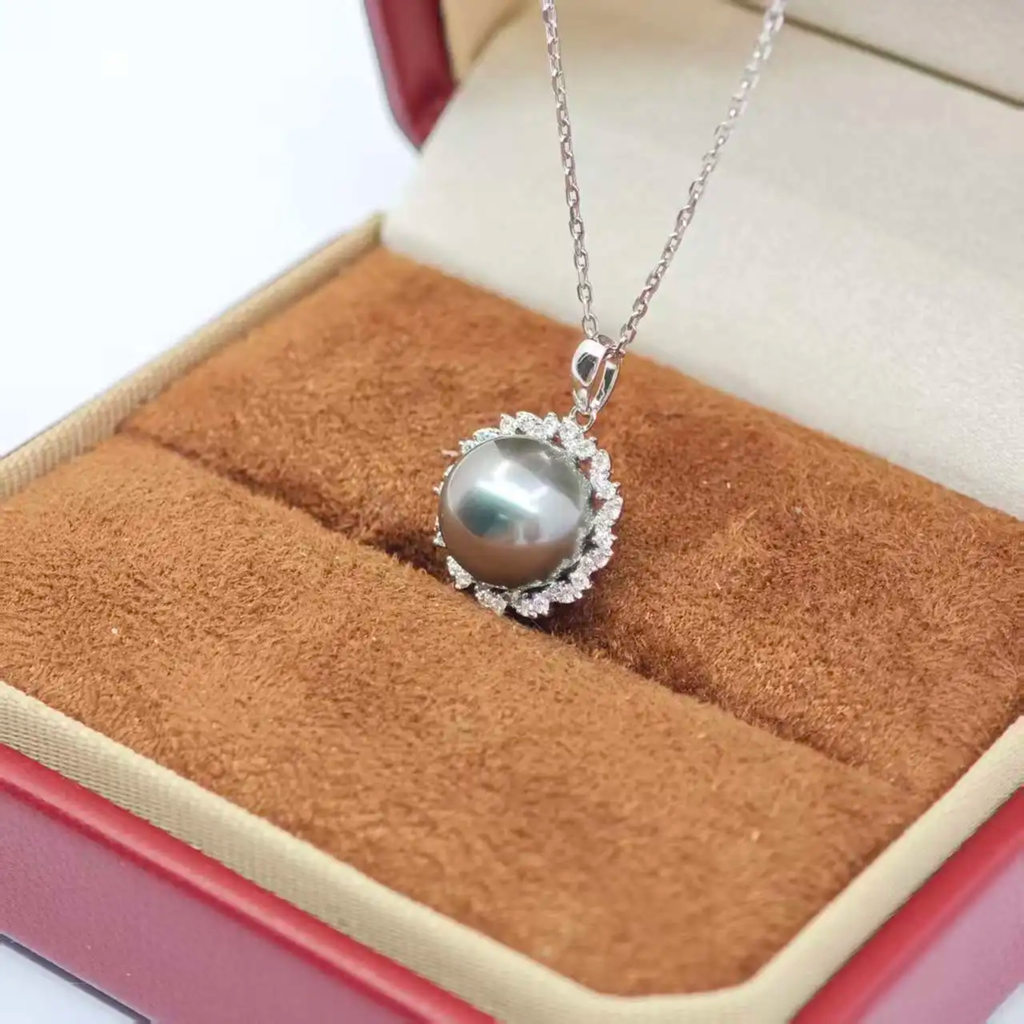 UM Jewelery 18K Solid Gold Necklace Natural Tahitian Black Pearl Diamond Engagement Wedding Unisex/Men/Women Anniversary Daily