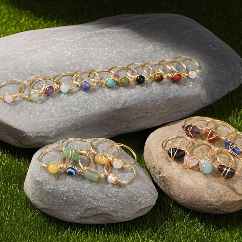 Handcrafted brass Ring 18 k gold plated natural stones stackable design trendy womene jewelery eveydays business