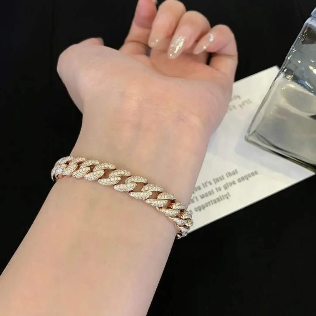 RUYI Buss Down Rapper Jewelery 14 k Solid Gold Man Hip Hop Iced Out VVS VS Synthetic Lab Diamond Cuban Link Bracelet Man