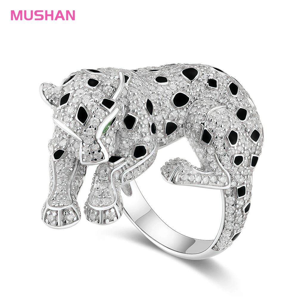 MUSHAN Jewelry Factory 925 Sterling Silver Ring Wedding Band Green Gemstone High Carbon Diamond Enamel Leopard Rings Jewelry