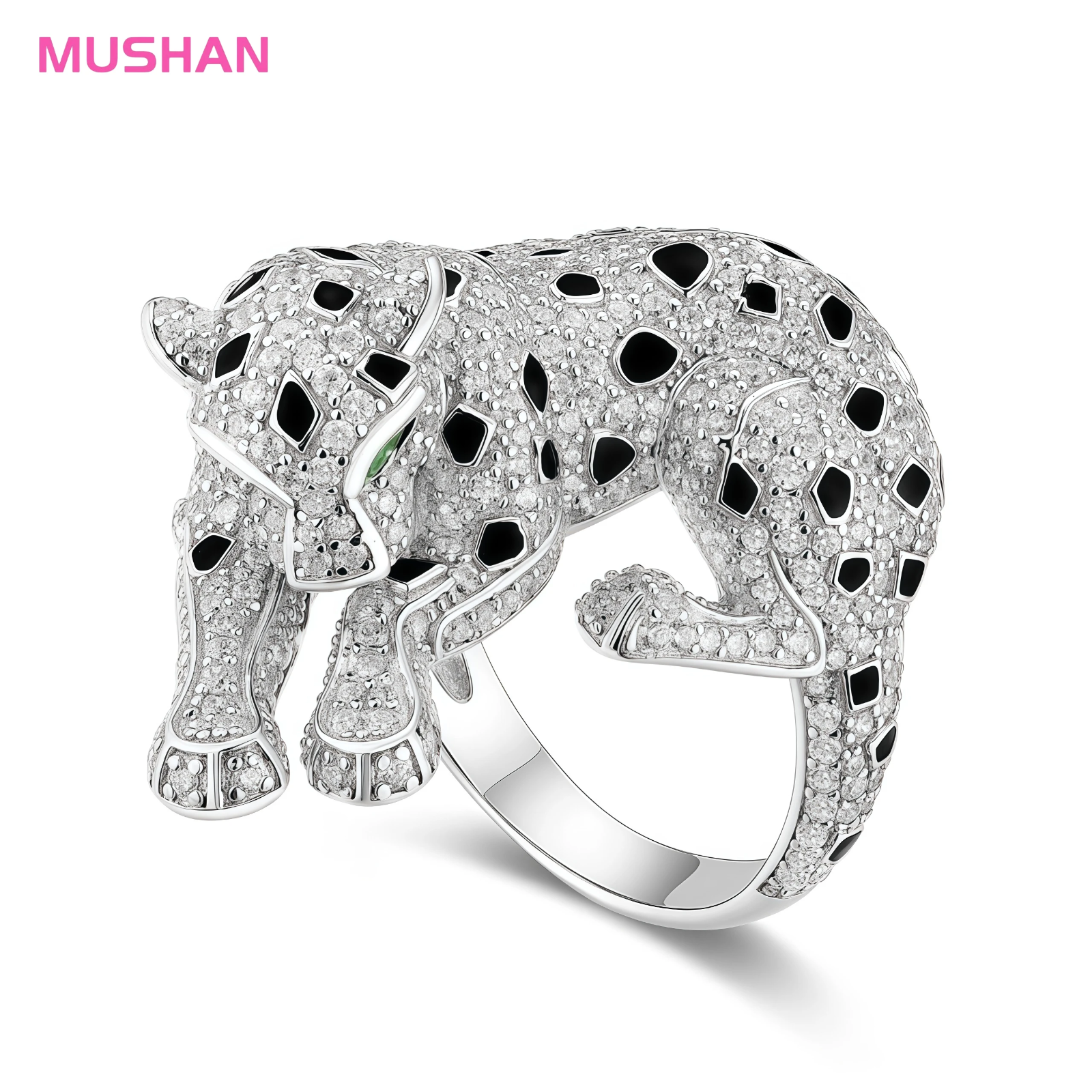 MUSHAN Jewelry Factory 925 Sterling Silver Ring Wedding Band Green Gemstone High Carbon Diamond Enamel Leopard Rings Jewelry