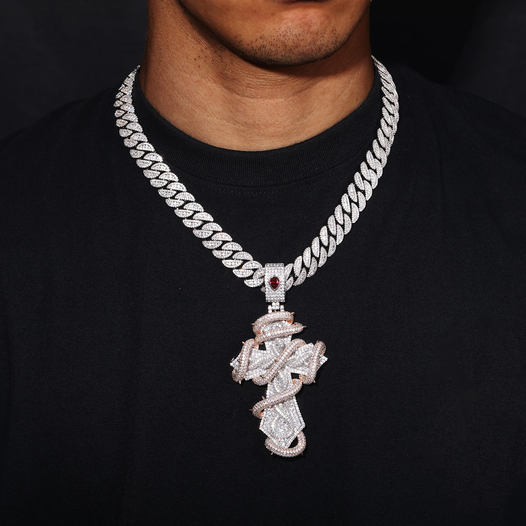 Exclusive Manufacturer's Hip-hop Fashion Double-color Full-diamond Snake-shaped Cross Pendant Men Large Size Brass Necklace