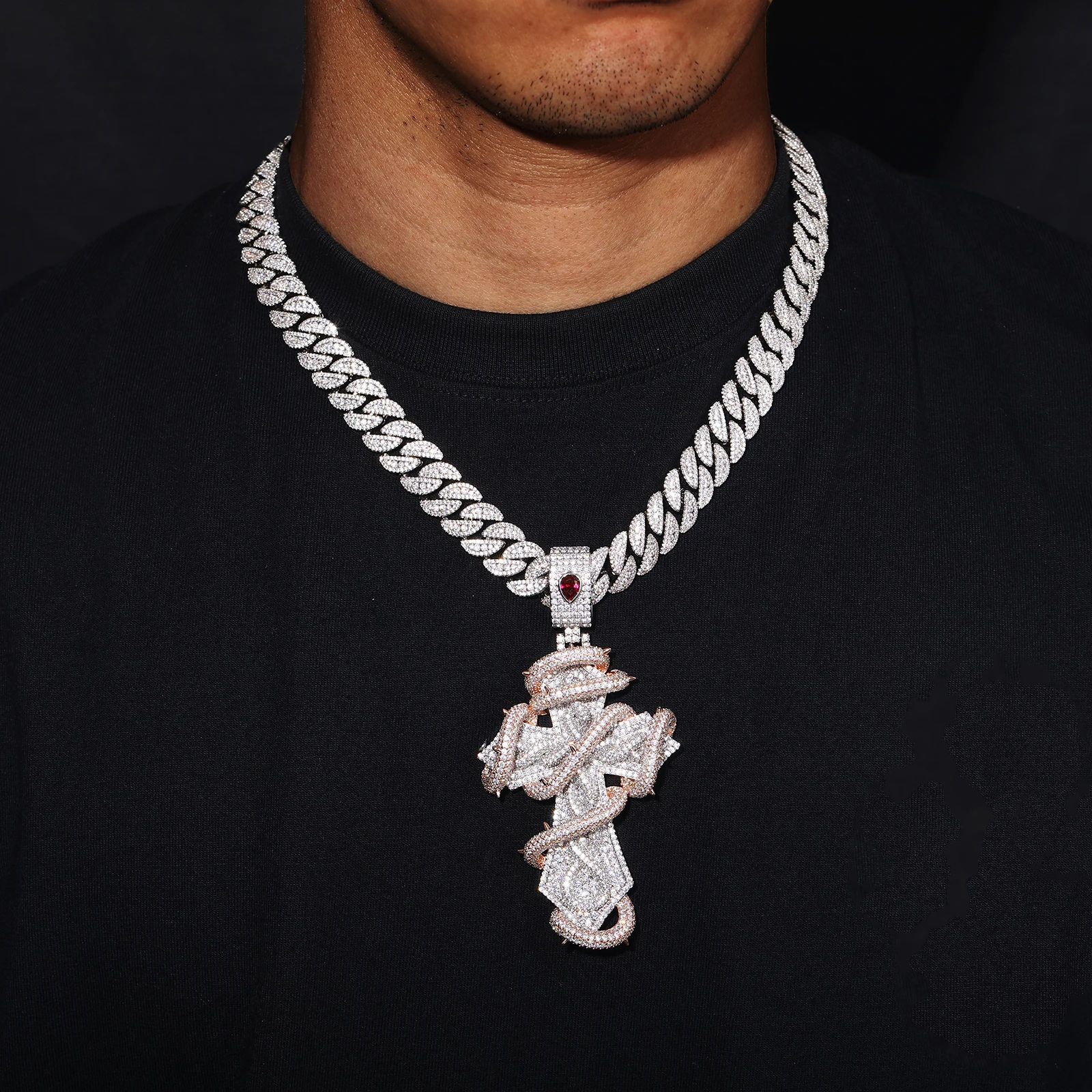 Exclusive Manufacturer's Hip-hop Fashion Double-color Full-diamond Snake-shaped Cross Pendant Men Large Size Brass Necklace