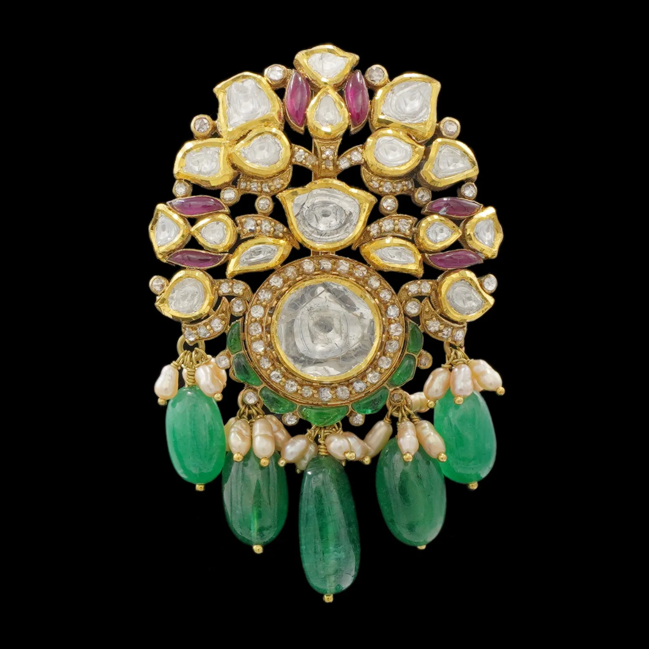 Trendy 14 k gold inspired indian brooch royal polki diamond pendant for women