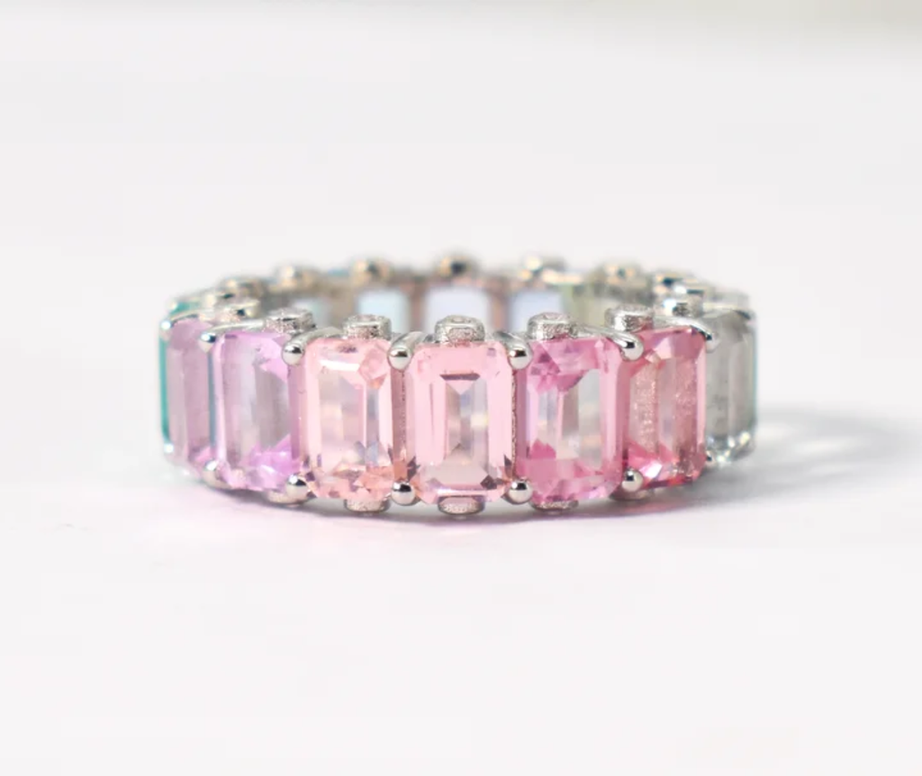 Rainbow Safir Band Emeralds Cut lab multi sapphire eternity band 92.5