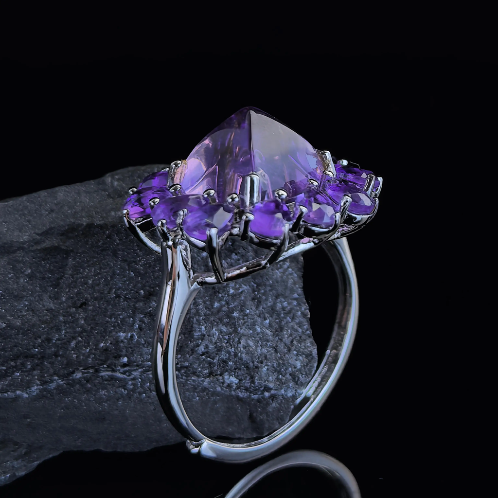 Factory Wholesale Rhodium Plated 925 Sterling Silver Natural Amethyst Ring for Women Gift Party Wear