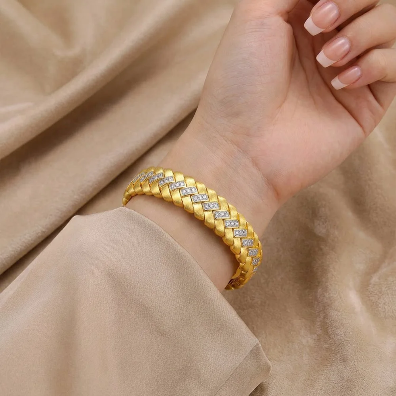 Wholesale S925 Silver Gold Plated Vintage Open Cuff Bracelet Italian Brushed Craft Zircon Inlaid Textured Heavy Duty Luxury