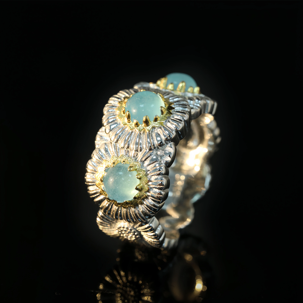 MUSHAN Jewelery Factory Women 925 Sterling Silver Daisy Ring with Blue Agate Opal Fine Jewelery Flower Rings for Anniversaries