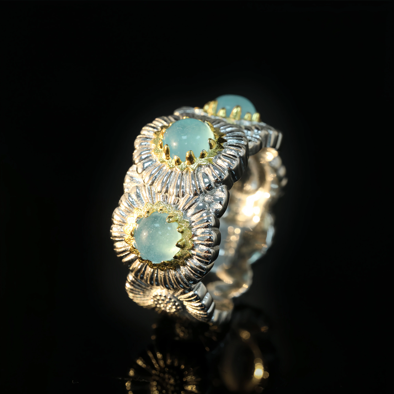 MUSHAN Jewelery Factory Women 925 Sterling Silver Daisy Ring with Blue Agate Opal Fine Jewelery Flower Rings for Anniversaries