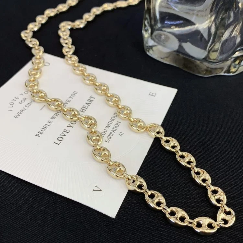 RUYI 14K Solid Gold Hip Pop Vintage Jewelery Coffee Bean Pig Nose Mariner Link Chain Necklace for Women Men Hot Seling