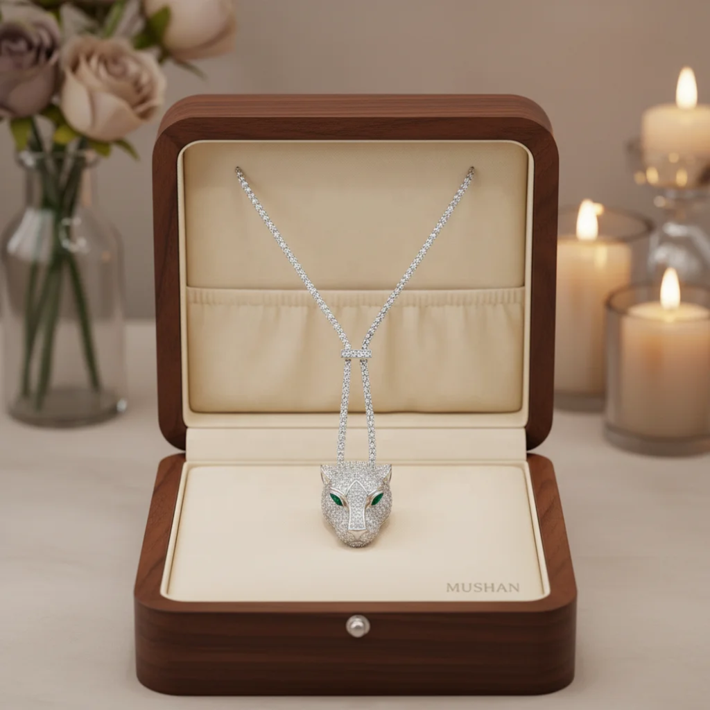 MUSHAN Jewelry Factory 925 Sterling Silver Pendant Necklaces HCD Synthetic Emerald Stones Leopard  Head Necklace Pendants Jewelery