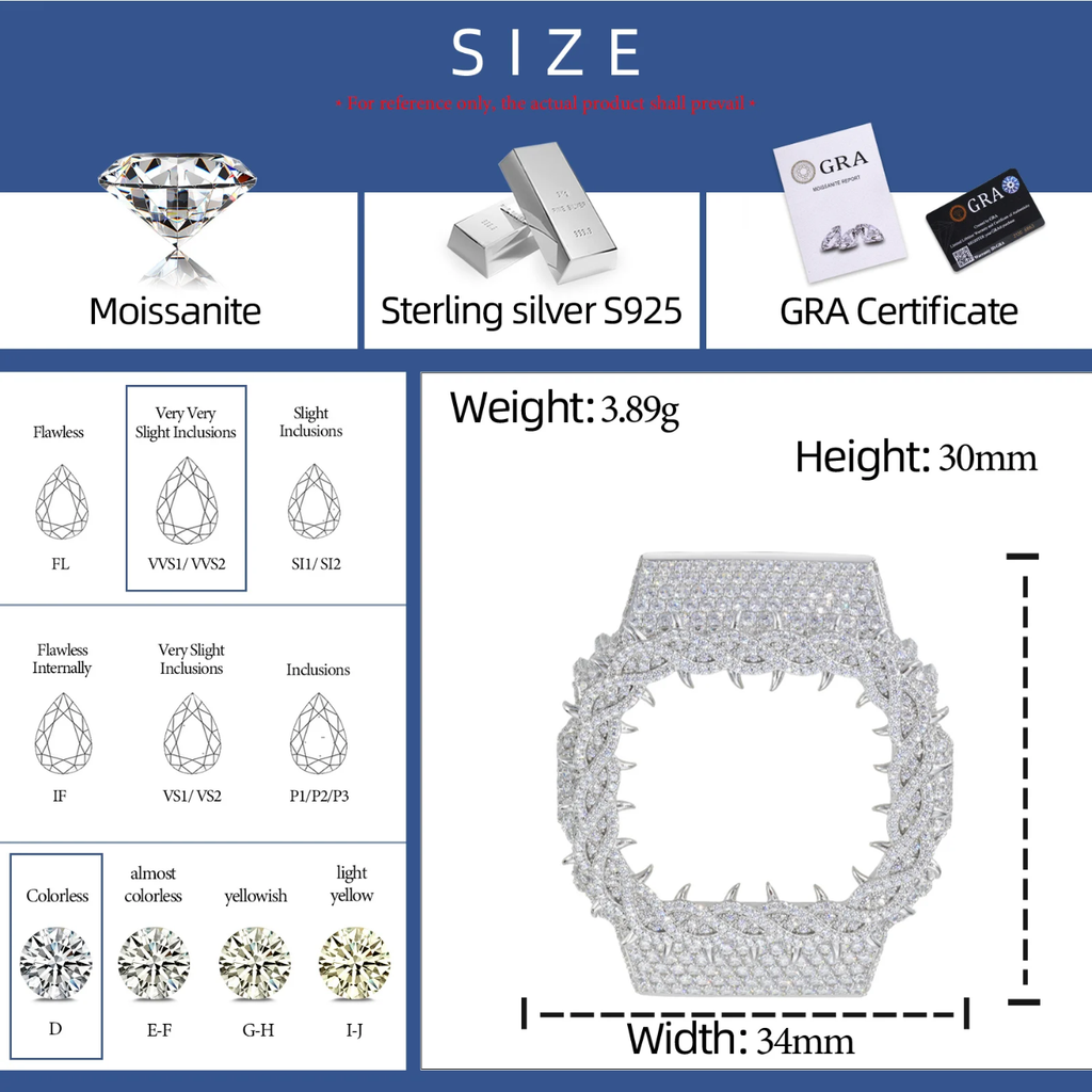 Pass Diamond Tester Handmade Metal Moissanite Thorn Watch Case for DW5600 Gold Plated 925 Sterling Silver Iced Watch Bezel Parts