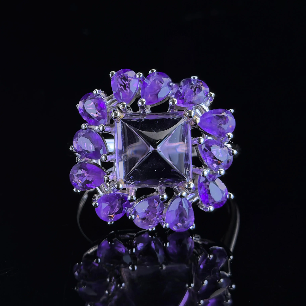 Factory Wholesale Rhodium Plated 925 Sterling Silver Natural Amethyst Ring for Women Gift Party Wear