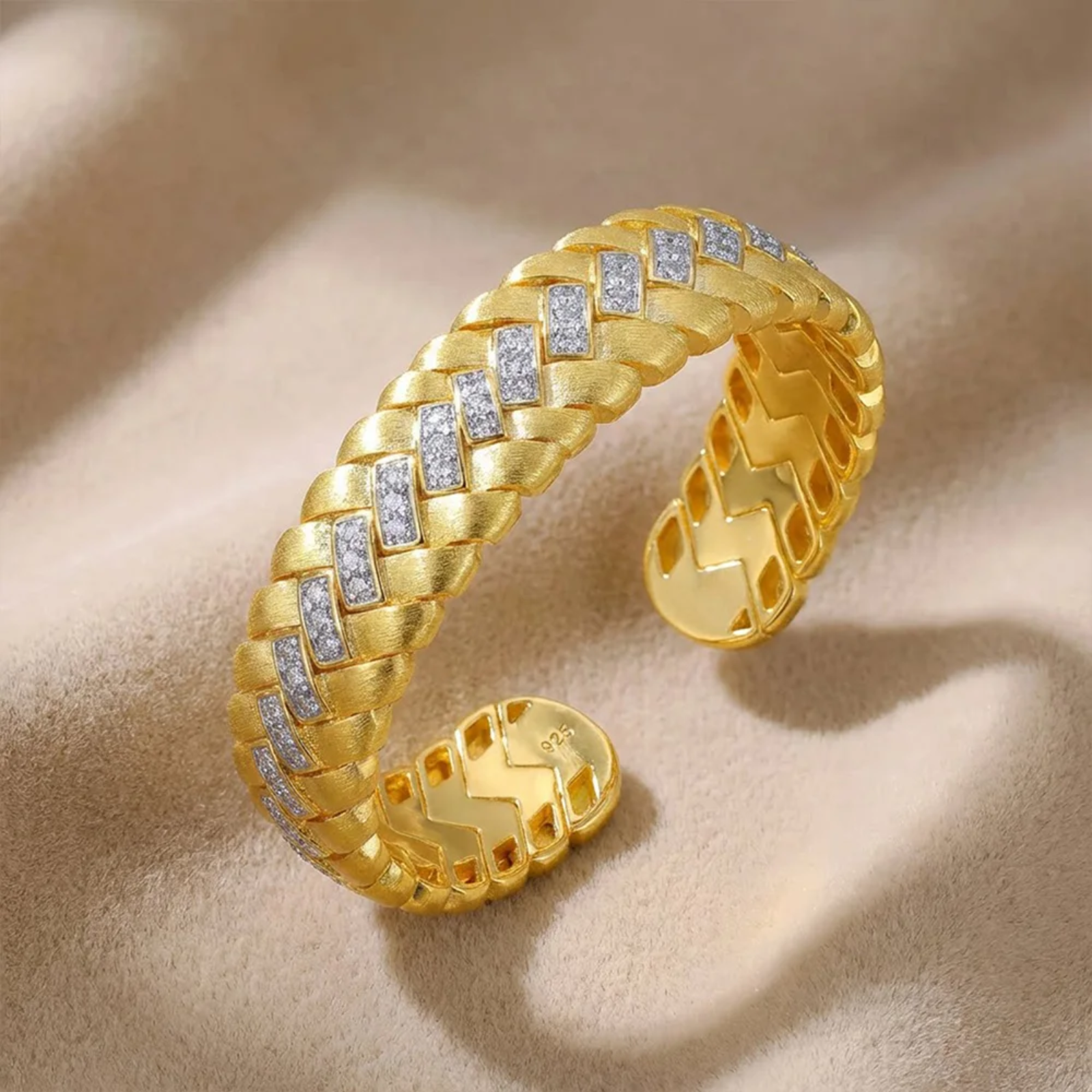 Wholesale S925 Silver Gold Plated Vintage Open Cuff Bracelet Italian Brushed Craft Zircon Inlaid Textured Heavy Duty Luxury