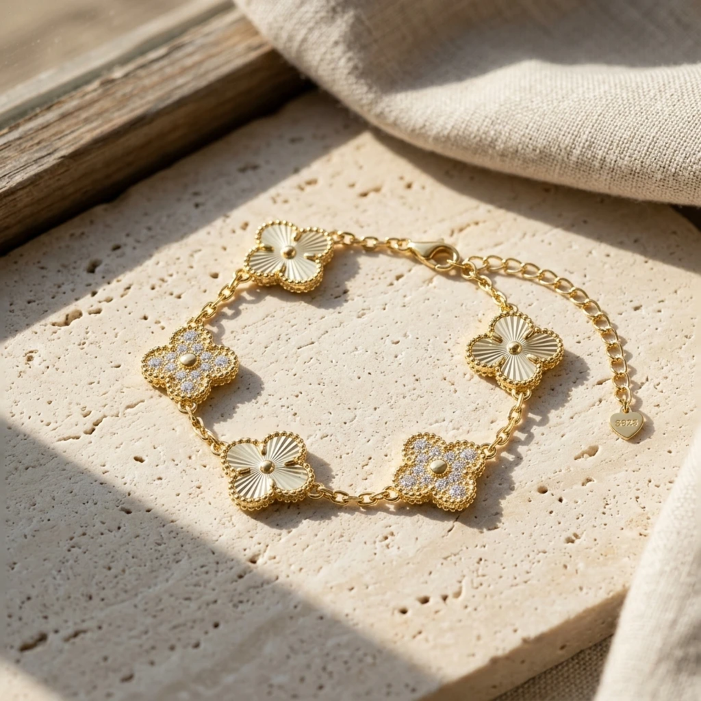 Four-Leaf Clover Moissanite Bracelet 18K Gold Plated S925 Silver , Valentine's Day Mother's Day Gift , 7Inch