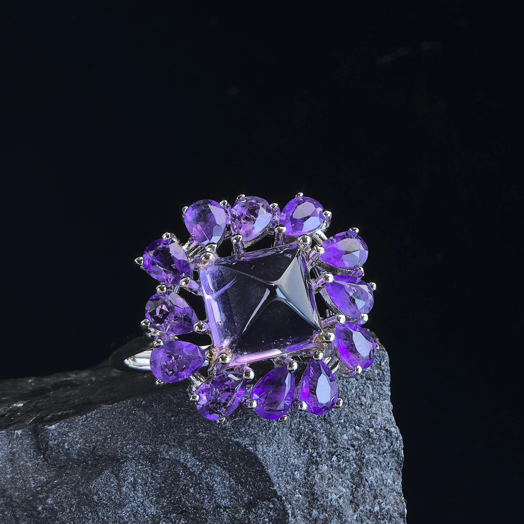 Factory Wholesale Rhodium Plated 925 Sterling Silver Natural Amethyst Ring for Women Gift Party Wear