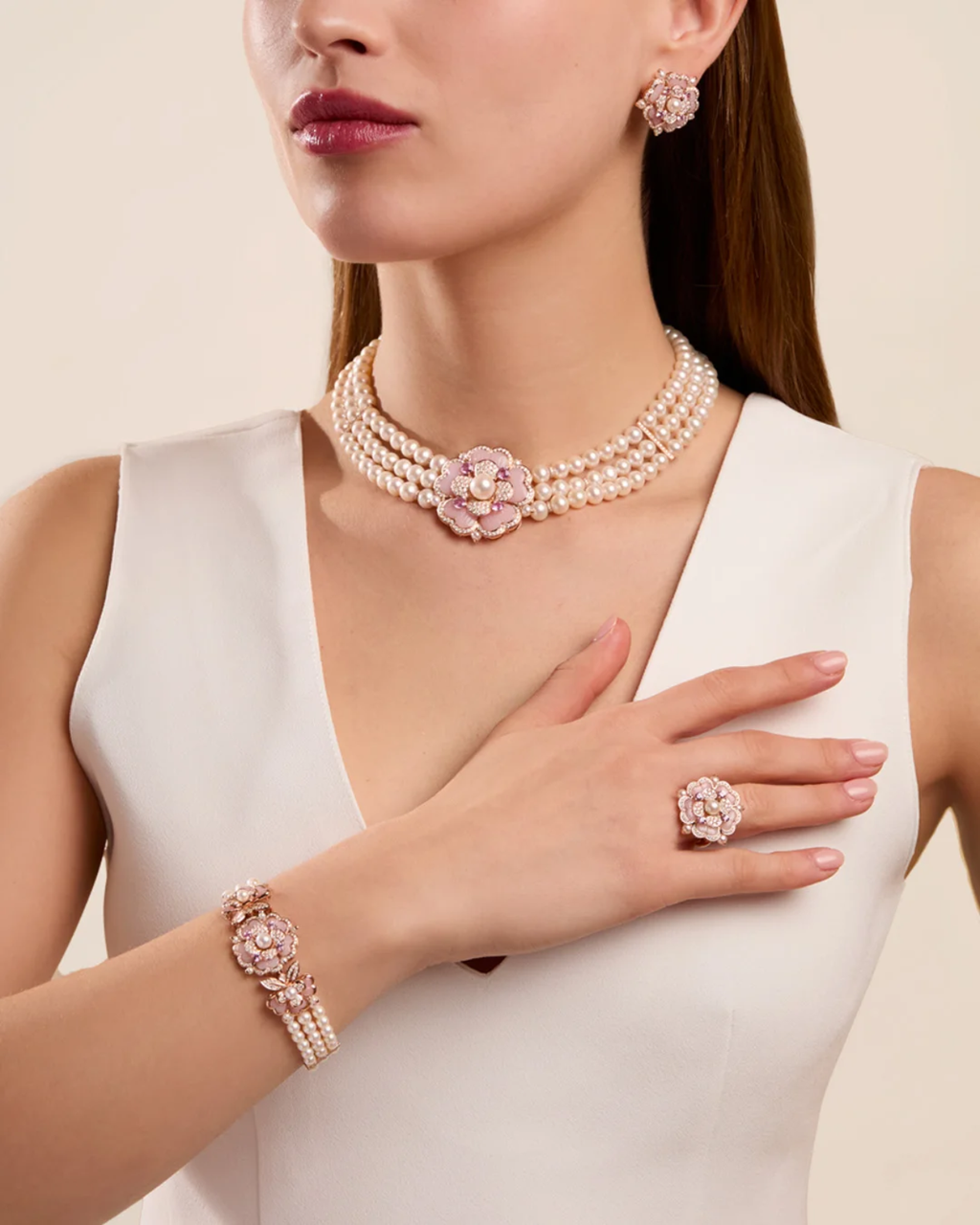 Lixin Costume Logo Elegant Fine Natural Pink Shell Zircon Flower Imitation Pearl Necklace Earrings Ring Jewelery Set for Party