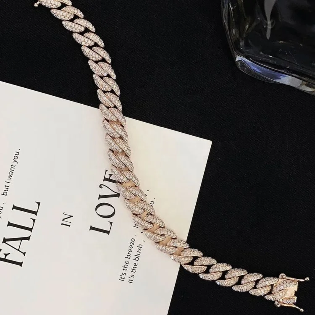 RUYI Buss Down Rapper Jewelery 14 k Solid Gold Man Hip Hop Iced Out VVS VS Synthetic Lab Diamond Cuban Link Bracelet Man