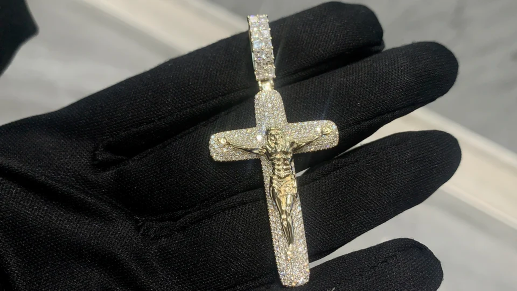 Hot Sale Hip Hop 18 K Gold Men's Franco Chain W/VVS Lab Diamonds & Two-Tone Jesus Cross