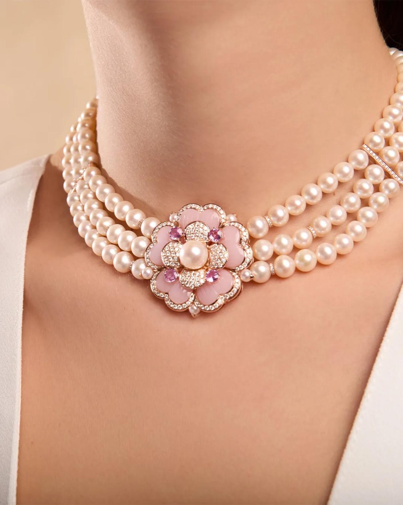 Lixin Costume Logo Elegant Fine Natural Pink Shell Zircon Flower Imitation Pearl Necklace Earrings Ring Jewelery Set for Party