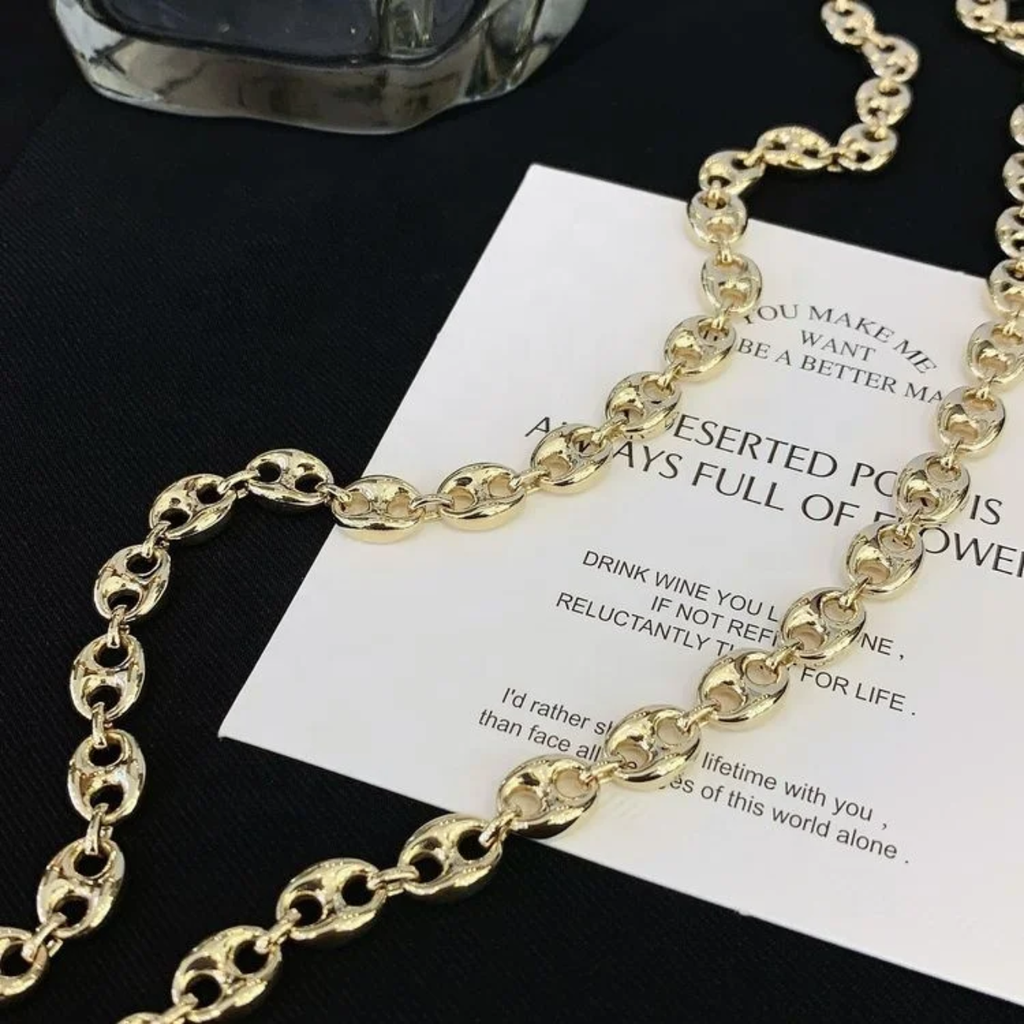 RUYI 14K Solid Gold Hip Pop Vintage Jewelery Coffee Bean Pig Nose Mariner Link Chain Necklace for Women Men Hot Seling