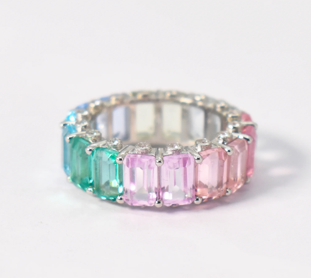 Rainbow Safir Band Emeralds Cut lab multi sapphire eternity band 92.5