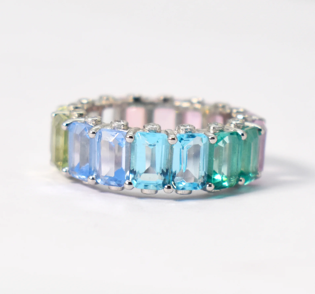 Rainbow Safir Band Emeralds Cut lab multi sapphire eternity band 92.5