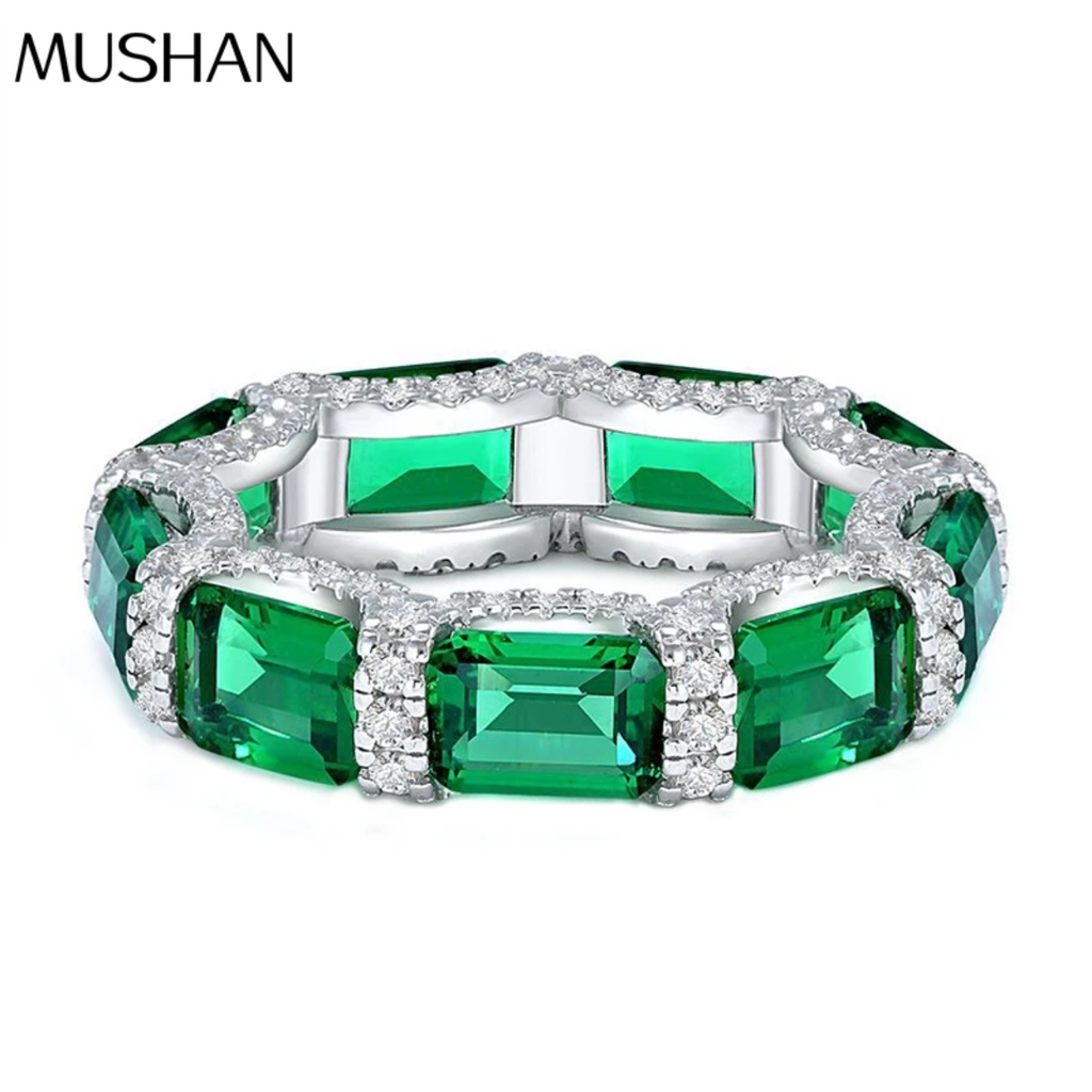 MuShan Jewelery Factory New Emerald Lined Ring S925 Pure Silver Ring Female Niche  Design Silver High Carbon Diamond Jewelery