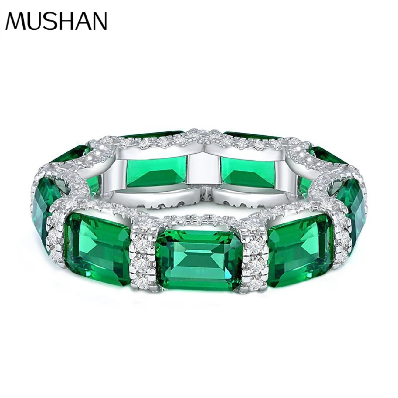 MuShan Jewelery Factory New Emerald Lined Ring S925 Pure Silver Ring Female Niche  Design Silver High Carbon Diamond Jewelery