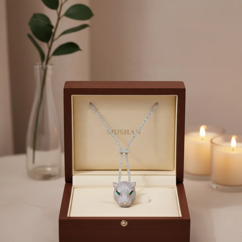 MUSHAN Jewelry Factory 925 Sterling Silver Pendant Necklaces HCD Synthetic Emerald Stones Leopard  Head Necklace Pendants Jewelery