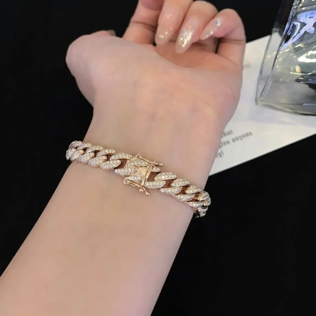 RUYI Buss Down Rapper Jewelery 14 k Solid Gold Man Hip Hop Iced Out VVS VS Synthetic Lab Diamond Cuban Link Bracelet Man