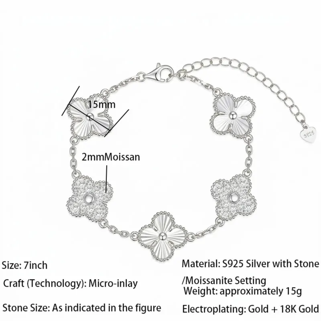 Four-Leaf Clover Moissanite Bracelet 18K Gold Plated S925 Silver , Valentine's Day Mother's Day Gift , 7Inch