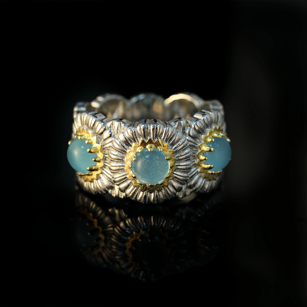 MUSHAN Jewelery Factory Women 925 Sterling Silver Daisy Ring with Blue Agate Opal Fine Jewelery Flower Rings for Anniversaries